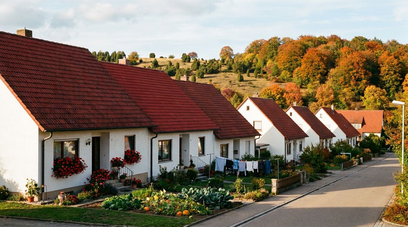 Reihenhäuser mit roten Dächern am Ortsrand, dahinter Wacholderheide und Herbstwald der Schwäbischen Alb